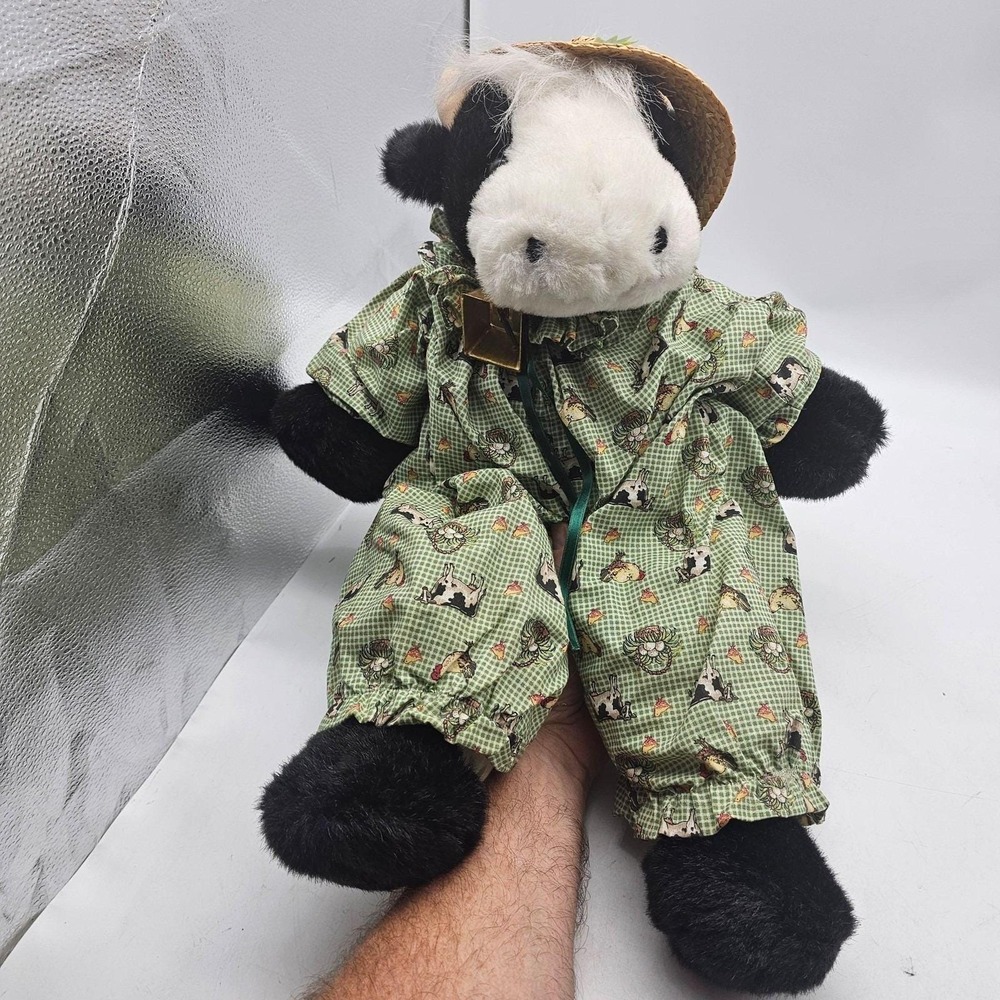Vintage Joelson Industries Cow Plush Stuffed Animal Toy Medium Green Straw Hat